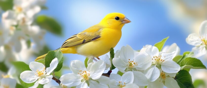A yellow finch perched on the white flowers