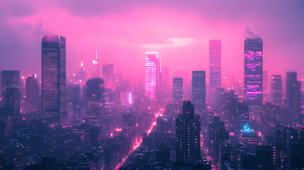 Pink Cityscape, Neon Lights Illuminate Futuristic Metropolis at Night
