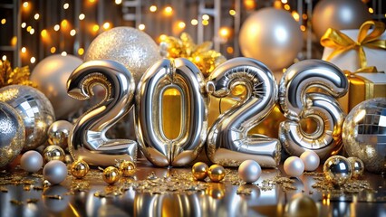 2025 Silver Balloon Numerals Adorned with Gold & Silver Festive Ornaments