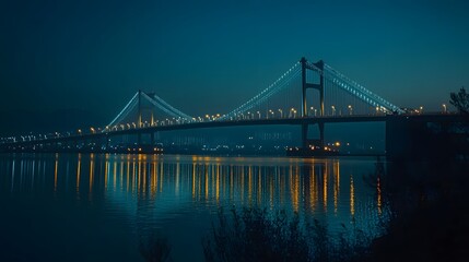 Front view of the Incheon Grand Bridge glowing under a clear twilight sky, with reflections shimmering on the water below, in 4K resolution