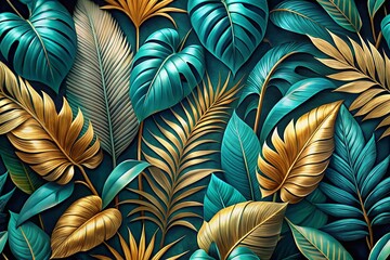 Teal Gold Tropical Leaves Fabric Wallpaper Design, Lush Foliage Print, Botanical Decor Pattern