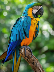 Naklejka premium Vibrant Blue and Yellow Parrot Perched on a Branch with Lush Green Background, Ideal for Wildlife and Nature Photography Enthusiasts