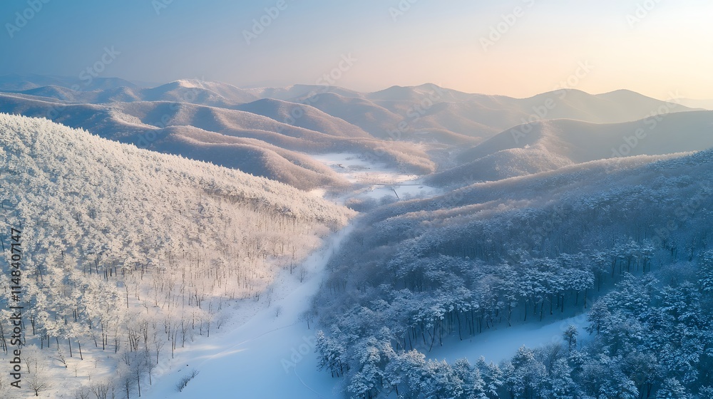 Aufkleber aerial shot of the serene taebaek mountain range covered in fresh snow, with soft light creating a p