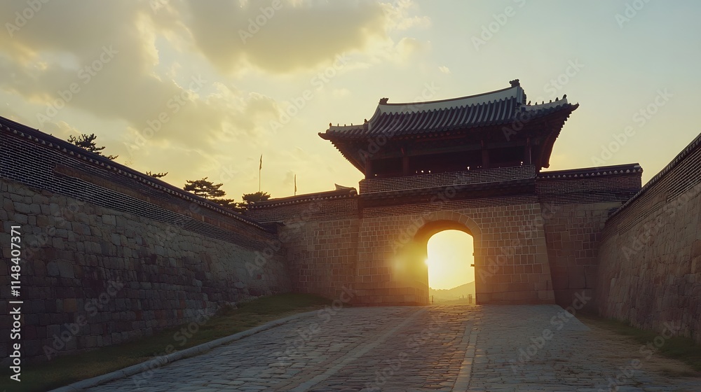 Poster front view of the suwon hwaseong fortressâ€™ paldalmun gate glowing under the golden hour light, in 