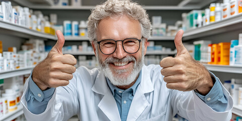 Happy Pharmacist Giving Two Thumbs Up in Pharmacy