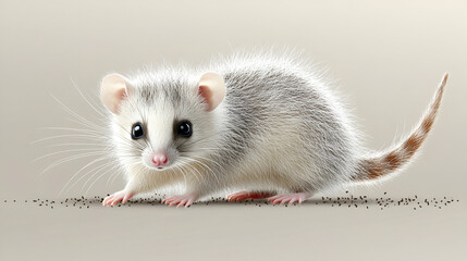 Adorable Fluffy Mouse Illustration, A Small Rodent with a Long Tail, Standing on a Beige Background with Tiny Dark Particles.