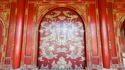 Dragons And Traditional Detailed Painted On Wooden Door Of Emperor Mausoleum In Thua Thien - Hue, Vietnam.