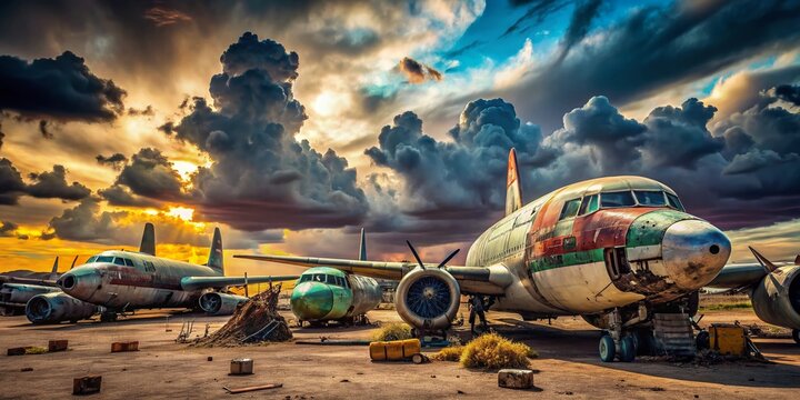 Abandoned Airplane Graveyard: Desert Scrap Yard Sunset - Dramatic Cloudscape