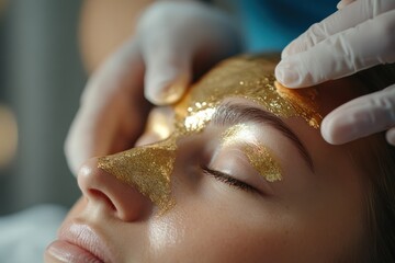 An enchanting scene of a luxurious gold mask being applied to a woman's face at a spa, highlighting the rejuvenating and pampering aspects of skincare.