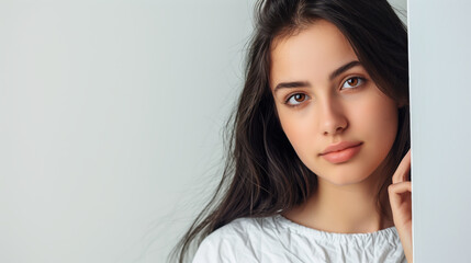 Fototapeta premium Natural Portrait of a Young Woman with Long Hair and Calm Expression in Soft Lighting, Ideal for Lifestyle and Beauty Concepts