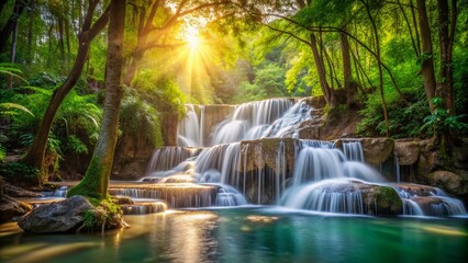 Thailand Waterfall Panoramic, Summer Rainforest, Sunray Jungle, Scenic Nature Photo, Tourist Landmark