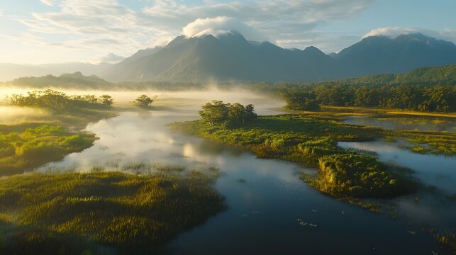Aerial shot of the serene Upo Wetlands at sunrise, with misty waters and vibrant birdlife, in 4K resolution