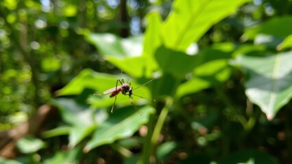 Tropical rainforest scene featuring a mosquito in the foreground, showcasing the intricate balance and biodiversity of life in a lush, vibrant ecosystem.