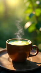 Fototapeta premium Warm Matcha Latte in Serene Nature