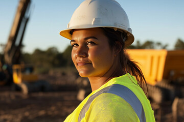 portrait of smiling graduate mixed race female engineer on mine site in Australia wearing hard hat, high vis vest at sunset golden hour