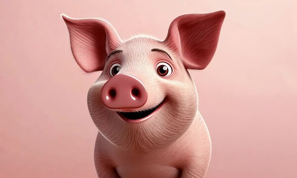 Cartoon-style pig with big eyes and a joyful expression, pastel background. 