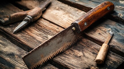 Old hand saw, chisels and wood shavings on rustic wooden planks.