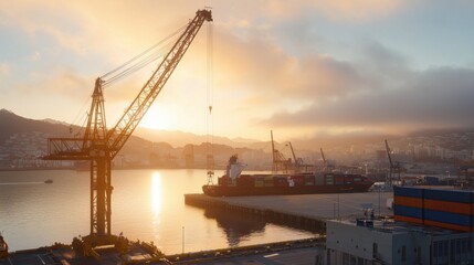 A serene harbor scene at sunrise, featuring a crane, cargo ships, and misty mountains in the background, creating a tranquil atmosphere.