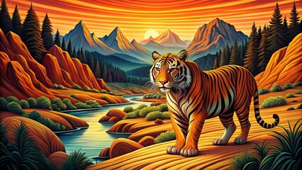Tiger Stripes Landscape: Line Art Nature Photography, Orange and Black Wildlife Scenery