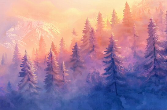 The pine trees covered in snow are illuminated by sunlight