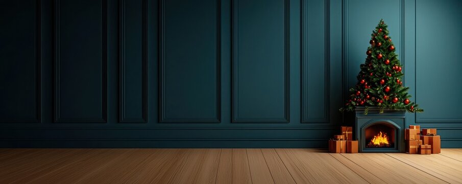 A cozy, festive corner with a Christmas tree, gifts, and a warm fireplace against a deep blue wall.