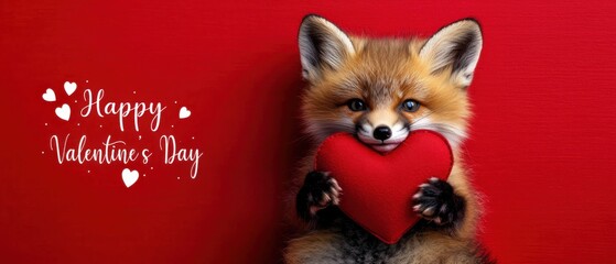 Obraz premium Adorable Fox Cub Holding Heart for Valentines Day