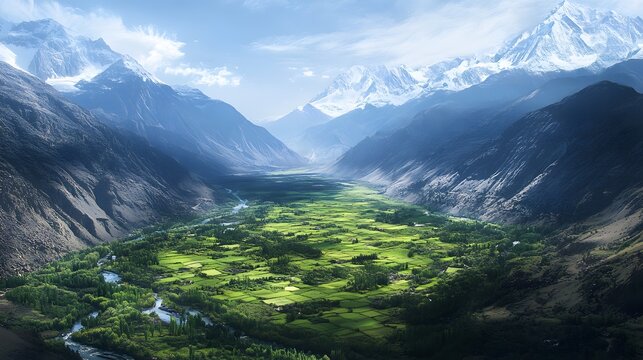 Aerial shot of the Naltar Valley, with its vibrant green meadows surrounded by snow-capped peaks, in 4K resolution