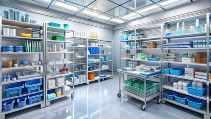 Crisp image: meticulously organized hospital supply room, showcasing medical supplies in sharp detail.