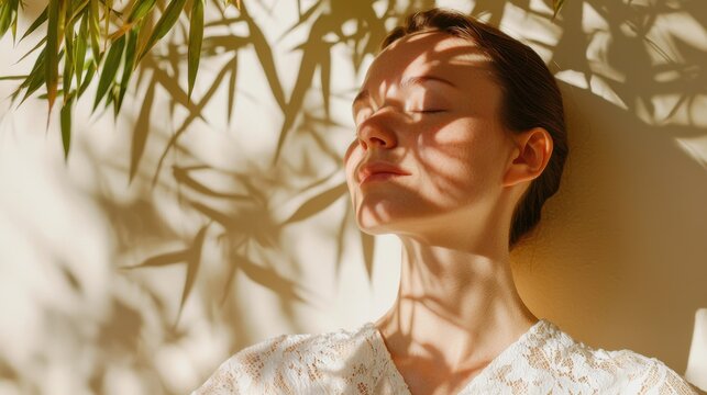 Serene woman practicing yoga pose tranquil space lifestyle natural light close-up quiet luxury aesthetic