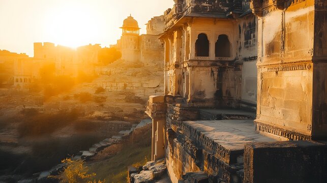 Front view of the Katas Raj Temples, with intricate stone carvings glowing under golden sunlight, in 4K resolution