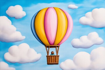 Obraz premium A whimsical watercolor of a person floating in a hot air balloon, surrounded by dreamy clouds and soft sunlight