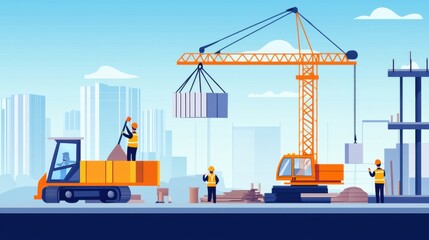 A vibrant construction scene with workers operating machinery, loading materials, and a crane lifting heavy objects against a city skyline.