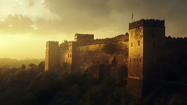 Front view of the historic Rohtas Fort, glowing under soft golden light with a majestic tone, in 4K resolution