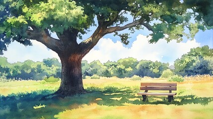 Watercolor painting of a quiet park with a bench under a large oak tree.--ar 16:9