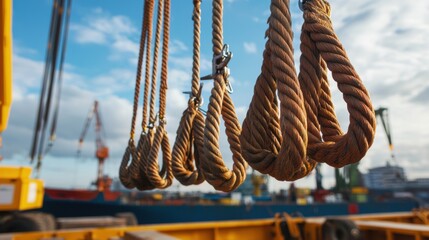Obraz premium A close-up of heavy ropes used in maritime operations, showcasing their coiled structure against a backdrop of cranes and a cloudy sky.