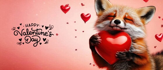 Adorable Fox Holding Heart: Happy Valentines Day Stock Photo
