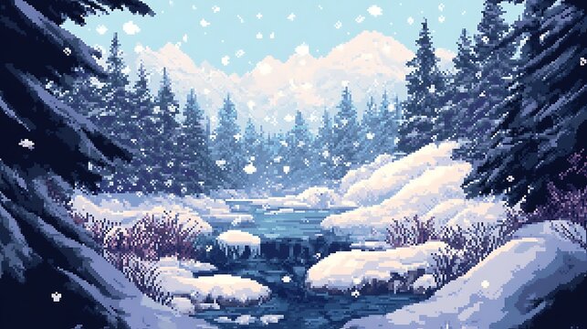 Snowy pixel winter river scene.