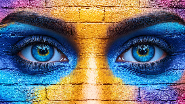 Vibrant Eyes, Abstract Makeup on Brick-Texture Background