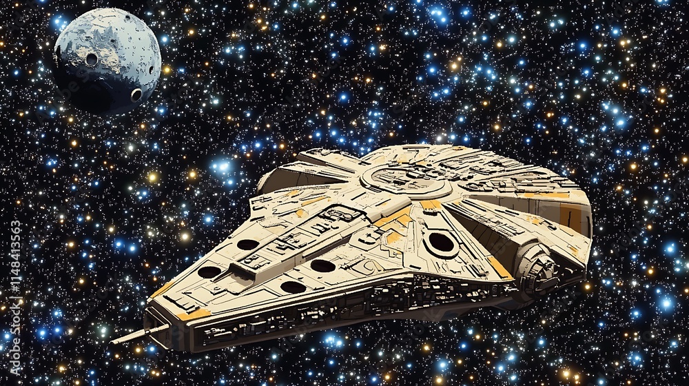 Poster spaceship in stars with planet.
