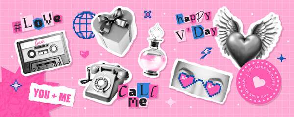 Set of retro elements for Valentines Day. Collection of halftone stickers , paper cut out design elements in Y2K style, modern romantic collage with pixel details. Trend vector pack