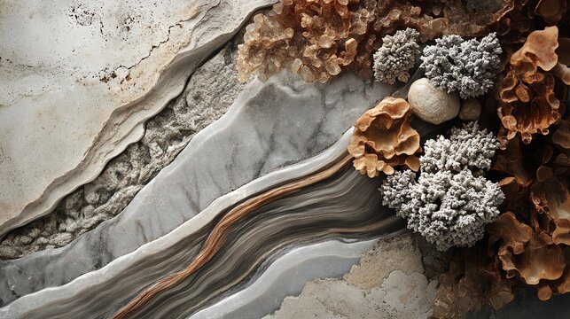 A stunning arrangement of natural textures featuring coral-like formations and layered stone patterns.