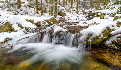 waterfall, autumn, ice, river, nature, winter, snow, frost, icicles, water, mountains, forest, landscape, mountains Jesen&iacute;ky, mountain stream, stream, trees,