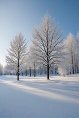 Fototapeta premium trees covered in snow in a park with a blue sky