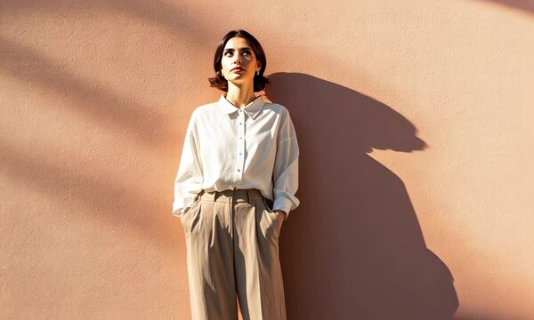 Minimalist outfit featuring mocha mousse trousers and a white shirt. 