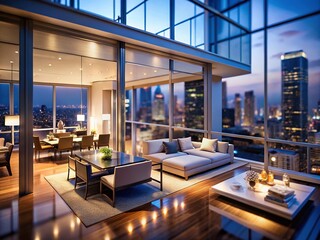 Fototapeta premium Tilt-Shift Modern Penthouse Cityscape: Luxury High-Rise Apartment with Panoramic Views