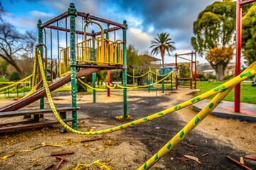 Fototapeta premium Abandoned California Playground: Covid-19 Closure, Bilingual Caution Tape, Urban Exploration Photo