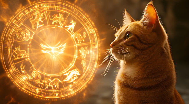 A mystical orange cat gazes thoughtfully at a glowing astrological wheel, blending the world of pets and astrology.