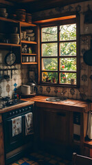 Cozy kitchen with wooden elements and a view of greenery through the window.