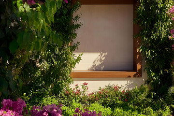 A serene garden scene featuring vibrant flowers and a blank space for artistic display.