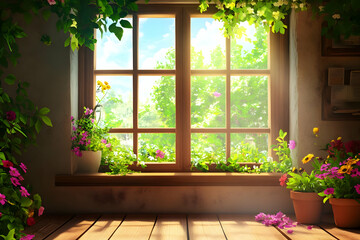 A cozy window scene adorned with vibrant flowers and sunlight, inviting nature indoors.